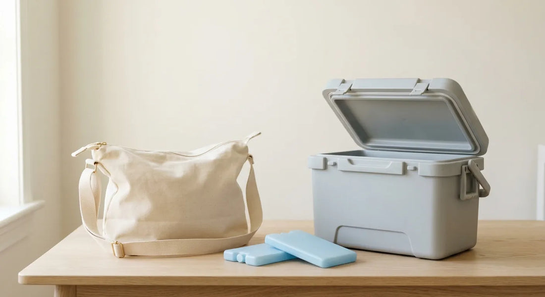 Sac isotherme souple et glacière rigide posés côte à côte avec des pains de glace