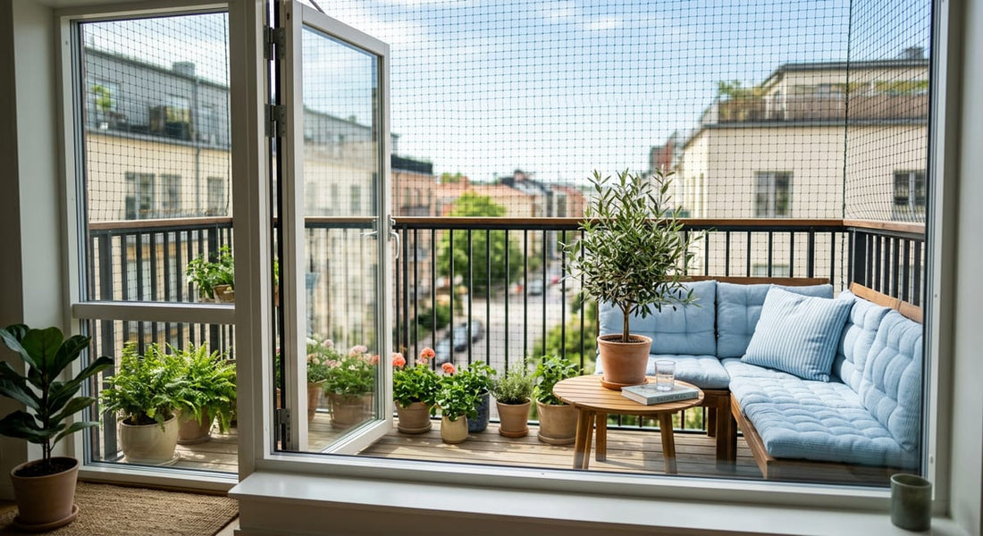 Balcon d'appartement sécurisé avec filet anti-chute pour prévenir les chutes de bébé et jeune enfant
