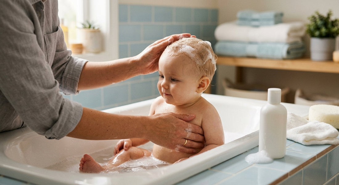 Bain doux d'un bébé avec un shampooing sans sulfate, mains du parent et mousse légère