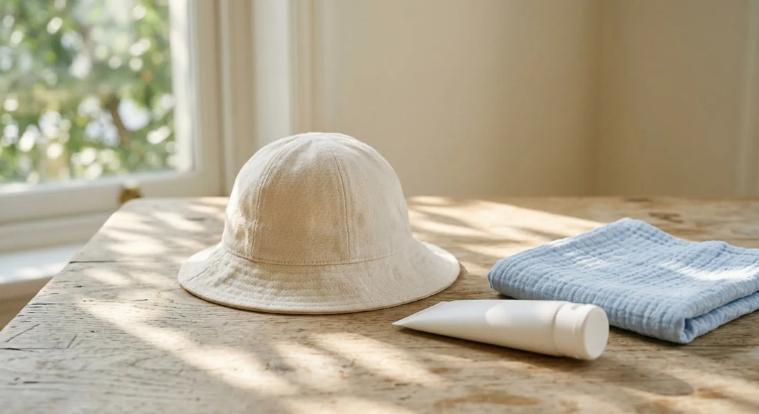 Chapeau à large bord et crème solaire posés sur une table pour protéger un bébé du soleil