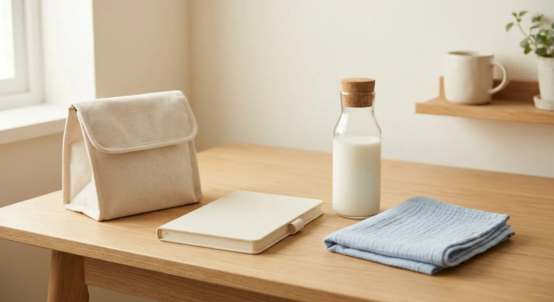 Coin de bureau calme avec un sac isotherme et un flacon de lait prêts pour la journée de travail