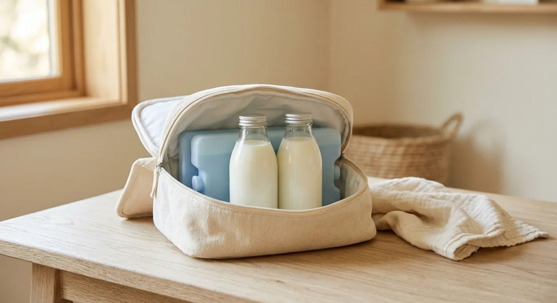 Sac isotherme ouvert avec des flacons de lait maternel calés contre des pains de glace