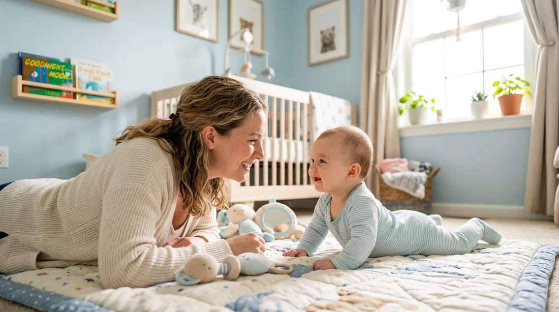Bébé pratiquant le tummy time sur un tapis avec sa mere encourageant face a face | Securidou