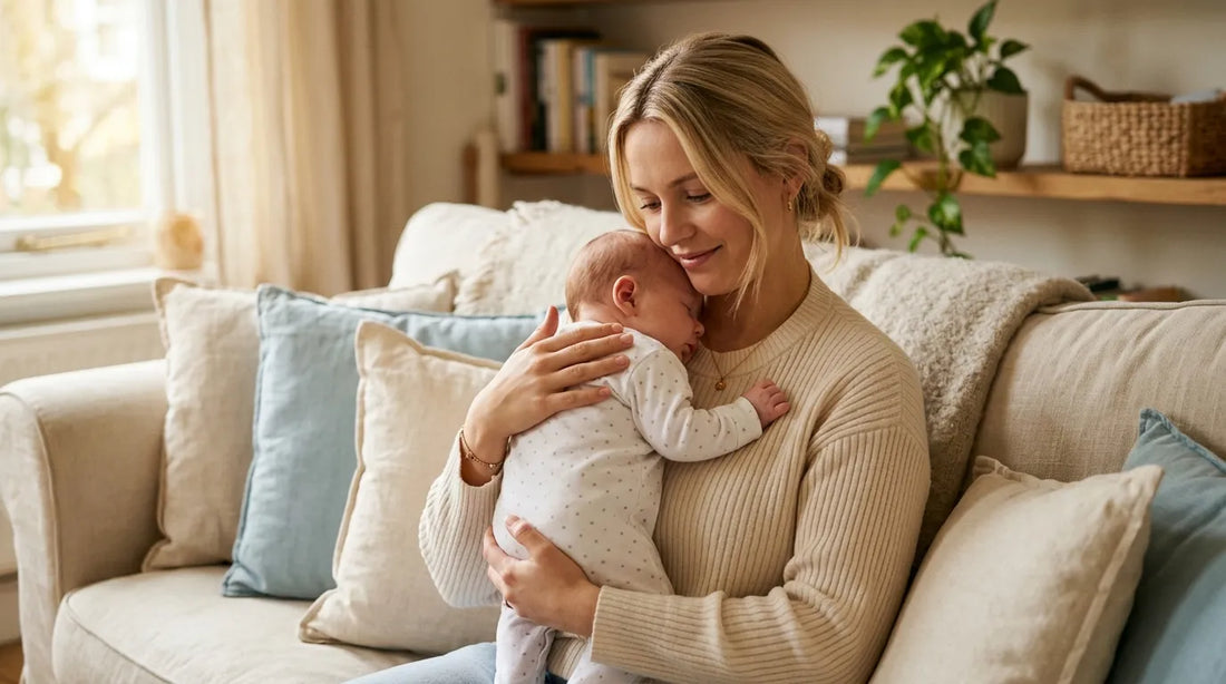 Parent tenant son bébé en position verticale contre son epaule apres le biberon | Securidou