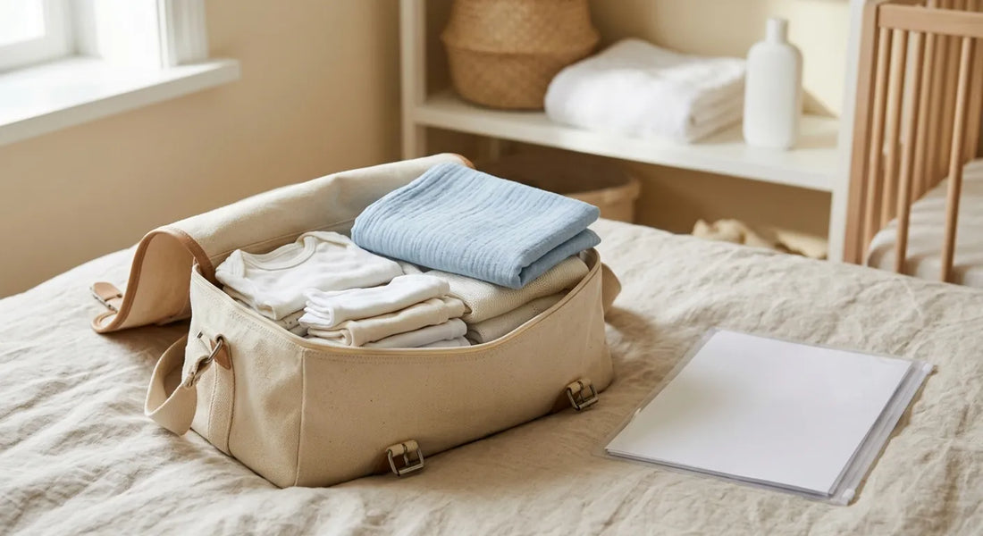 Valise de maternité ouverte avec les vêtements de bébé pliés et la pochette de documents