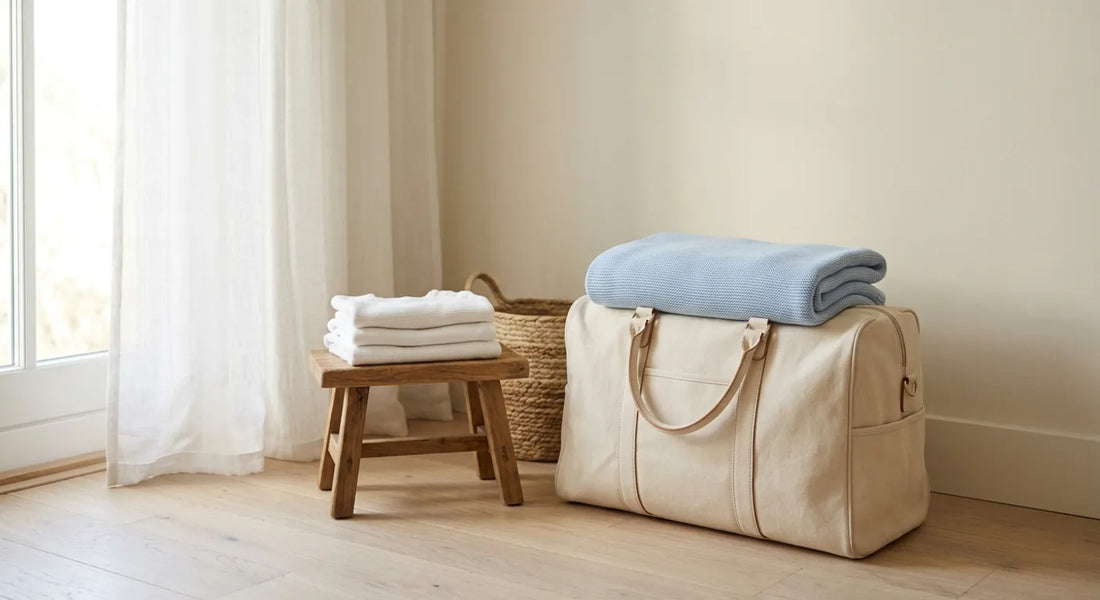 Valise de maternité préparée à l'avance et posée près d'une fenêtre avec une couverture pliée