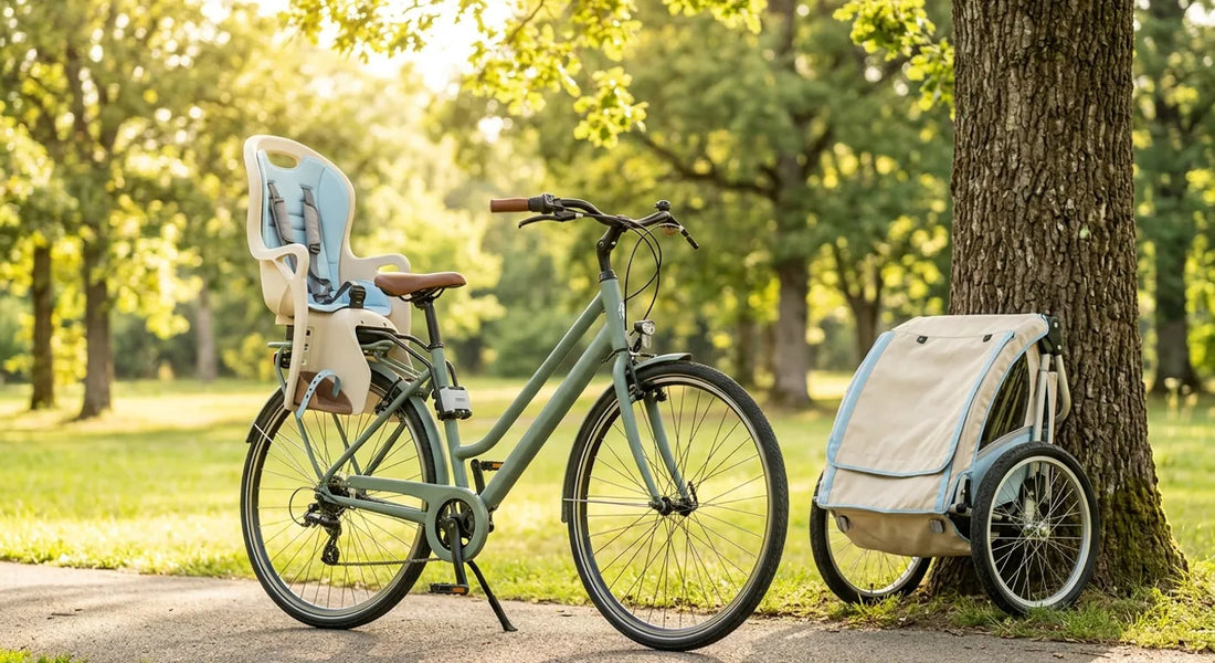 Vélo familial équipé d'un siège bébé arrière à harnais 5 points et d'une remorque enfant repliée pour balades en famille