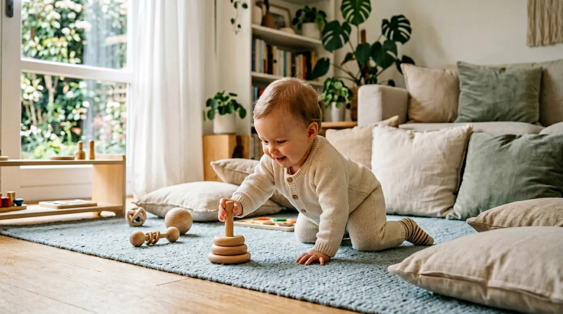 Bébé explorant librement un espace sécurisé au sol avec des coussins et jouets adaptes | Securidou