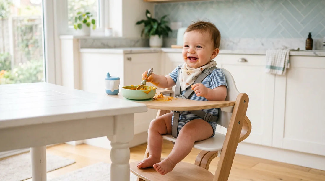 Bébé attaché avec un harnais 5 points dans une chaise haute stable pendant le repas