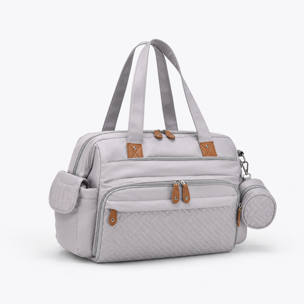 Sac à langer multifonction Securidou gris clair, vue d'ensemble avec poches latérales et pochette tétine