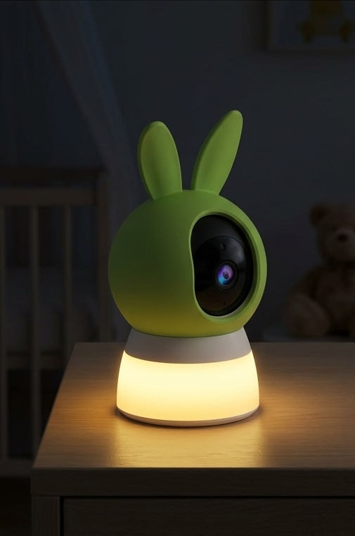 Babyphone vidéo Securidou en forme de lapin, veilleuse allumée sur une table de nuit dans la chambre éteinte