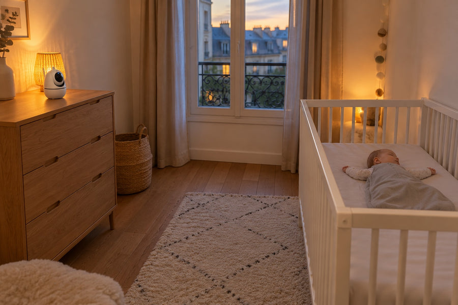 Caméra du babyphone Securidou posée sur une commode, à distance du lit de bébé