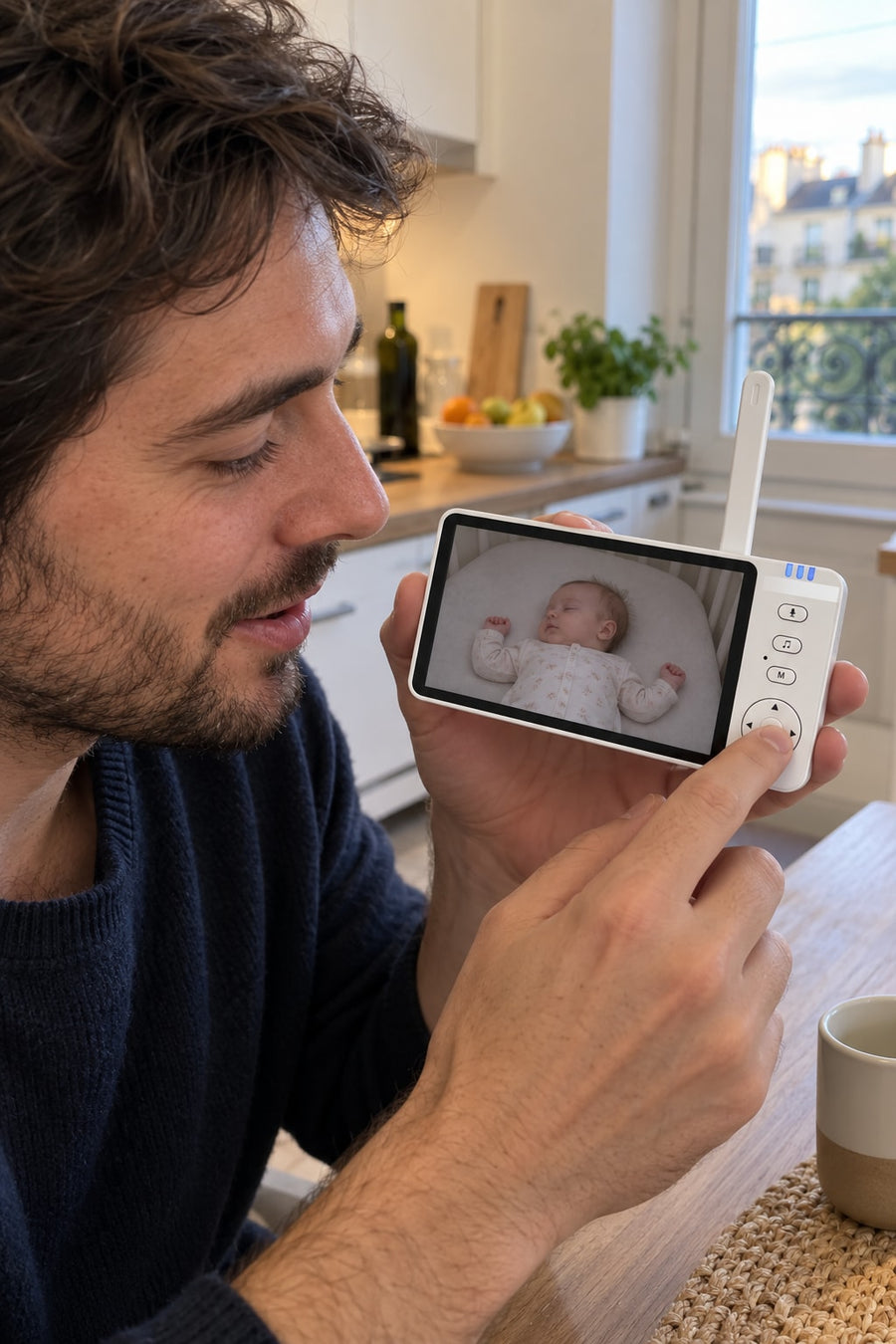Parent qui parle à son bébé par l’interphone du babyphone sans Wi-Fi Securidou