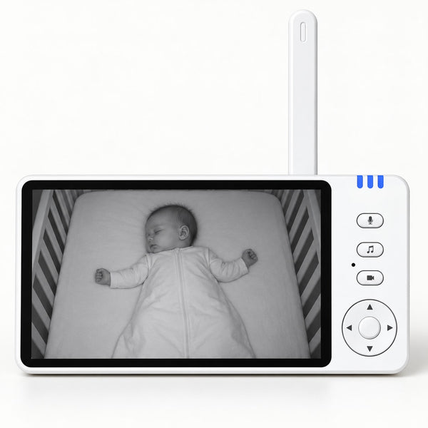 Écran du babyphone sans Wi-Fi Securidou en vision de nuit, bébé endormi sur le dos