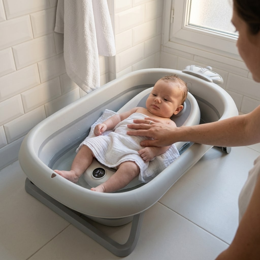 Bébé allongé sur le coussin transat de la baignoire pliante Securidou, la main de son parent sur le torse