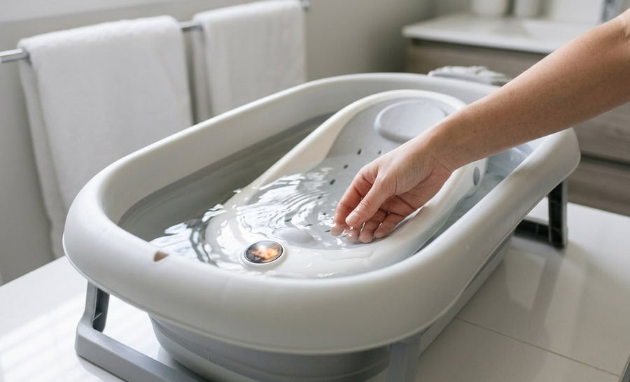 Main qui vérifie l’eau près du thermomètre intégré de la baignoire pliante