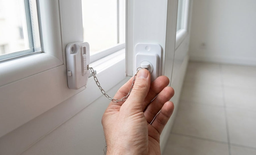 Main qui accroche la chaîne du bloque-fenêtre sur son bouton d’ancrage