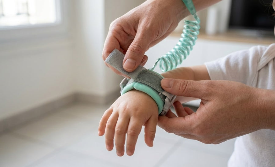 Mains d’un parent qui ferment le velcro et le clip du bracelet au poignet d’un enfant