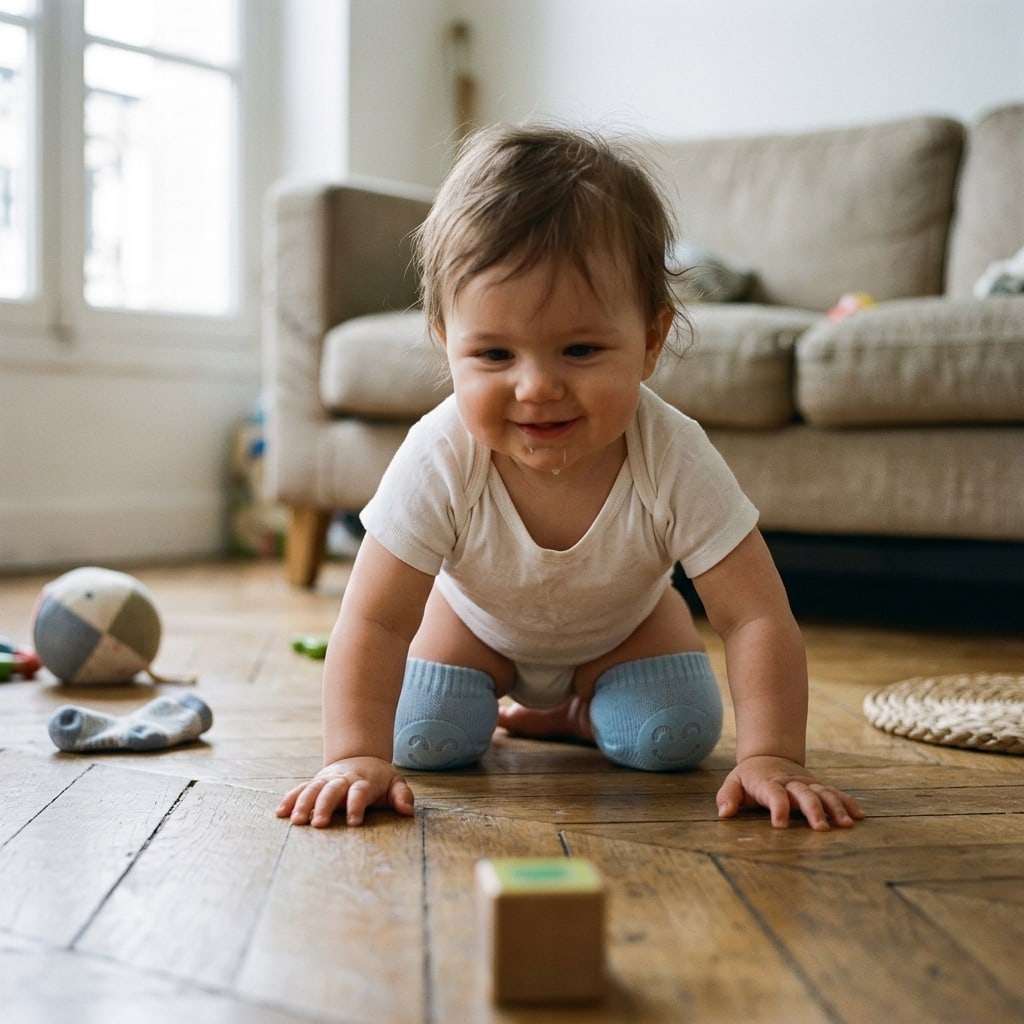 Bébé à quatre pattes sur un parquet, les genouillères Securidou aux genoux
