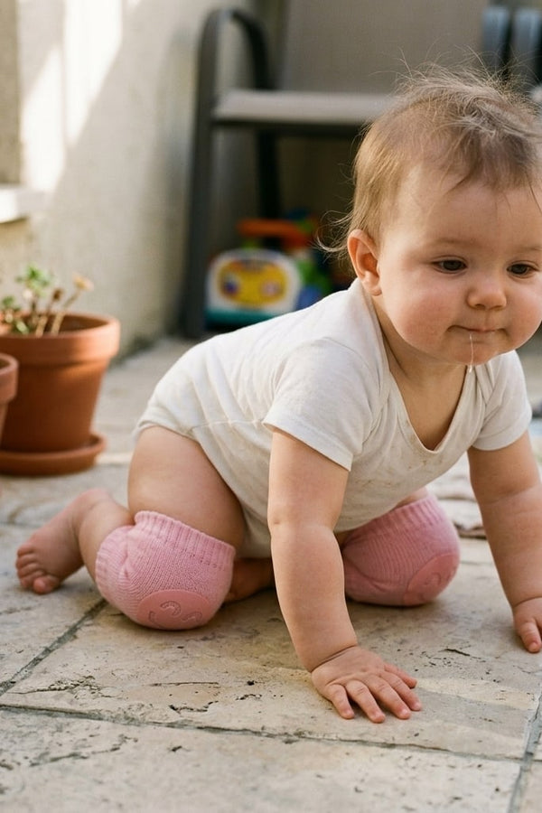 Bébé à quatre pattes sur une terrasse avec des genouillères roses