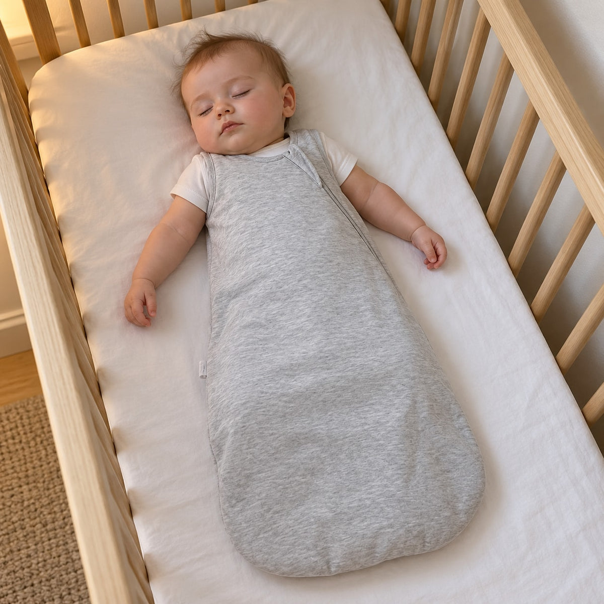 Bébé endormi sur le dos dans un lit vide, en gigoteuse sans manches gris clair Securidou