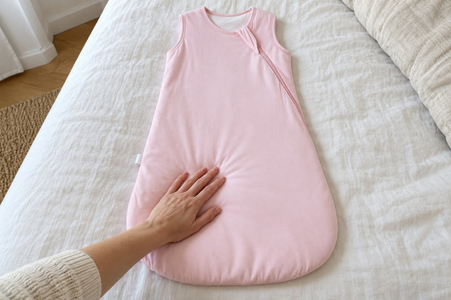 Main posée sur le jersey en viscose de bambou de la gigoteuse rose poudré Securidou