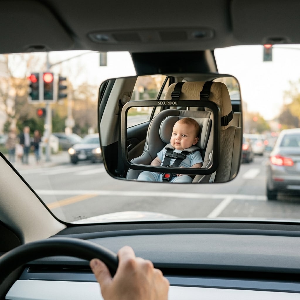 Rétroviseur central où l’on voit le miroir Securidou et le bébé installé dos à la route