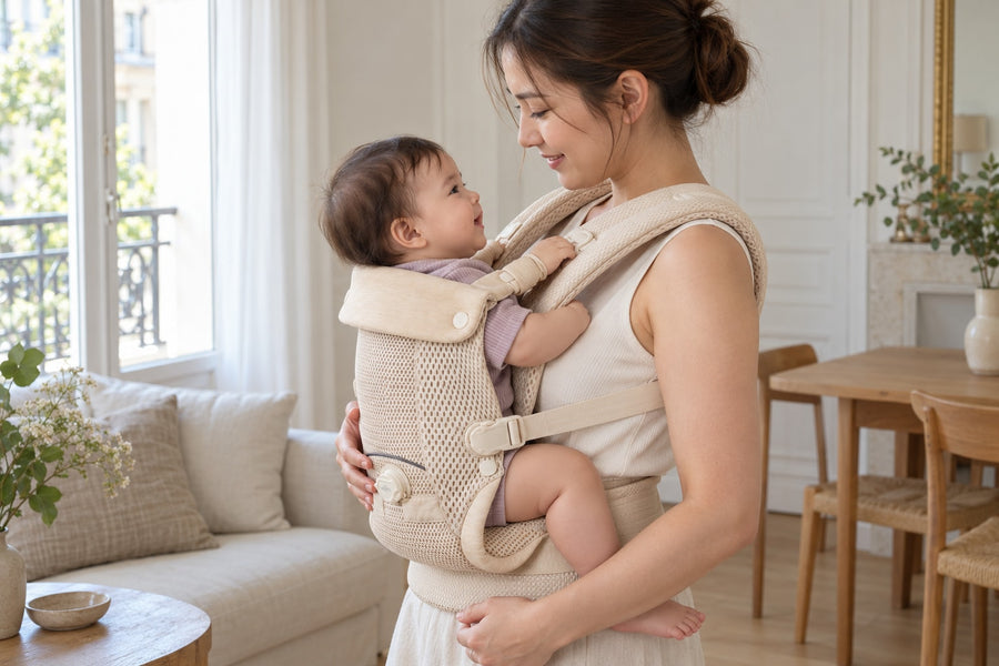 Bébé vu de côté dans le porte-bébé Securidou, genoux plus hauts que les fesses, jambes écartées