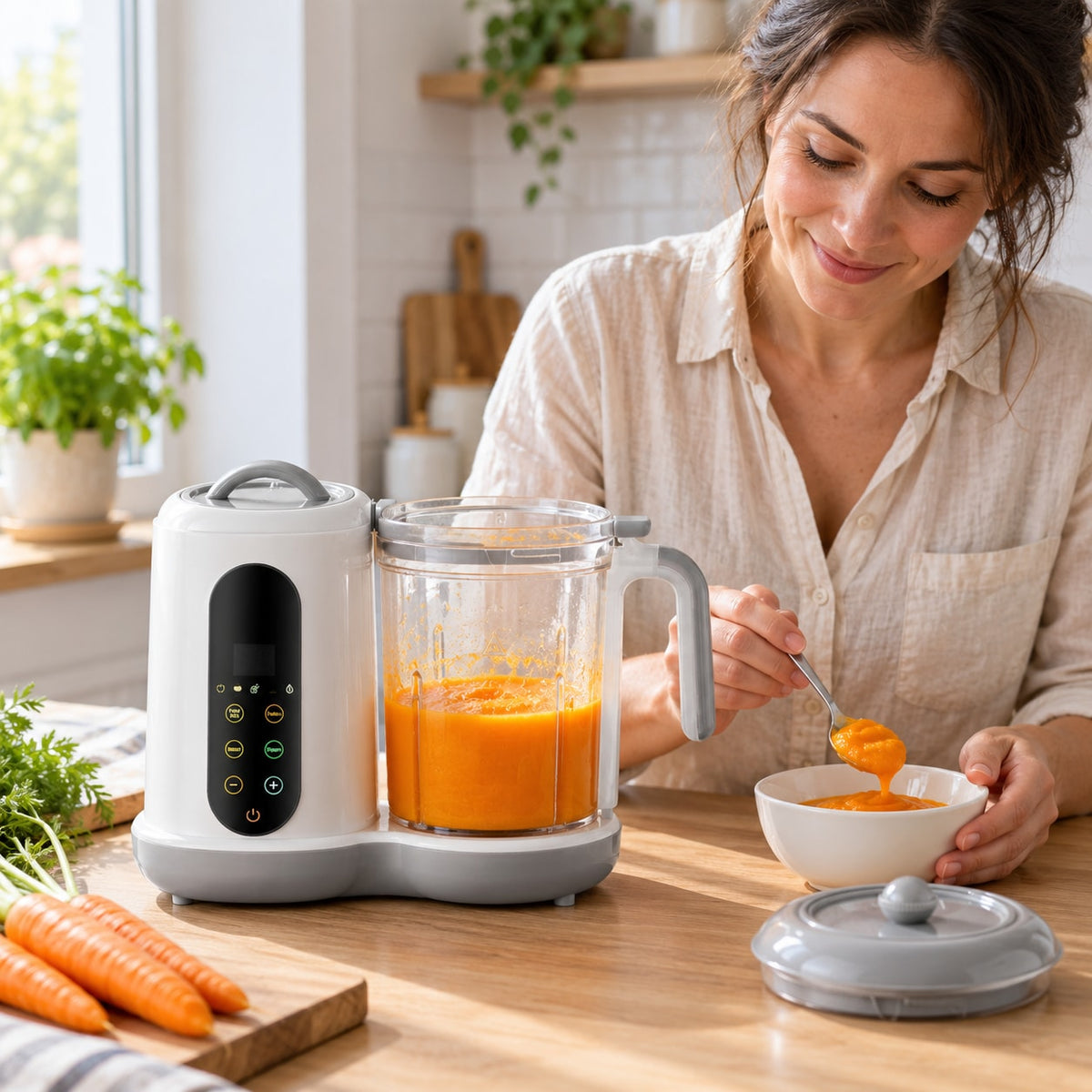 Parent qui verse la purée de carottes du robot cuiseur mixeur bébé Securidou dans un petit bol