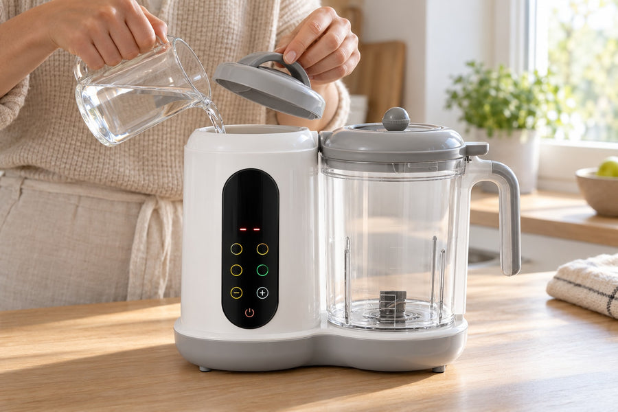 Eau versée dans le réservoir de la colonne du robot cuiseur bébé Securidou