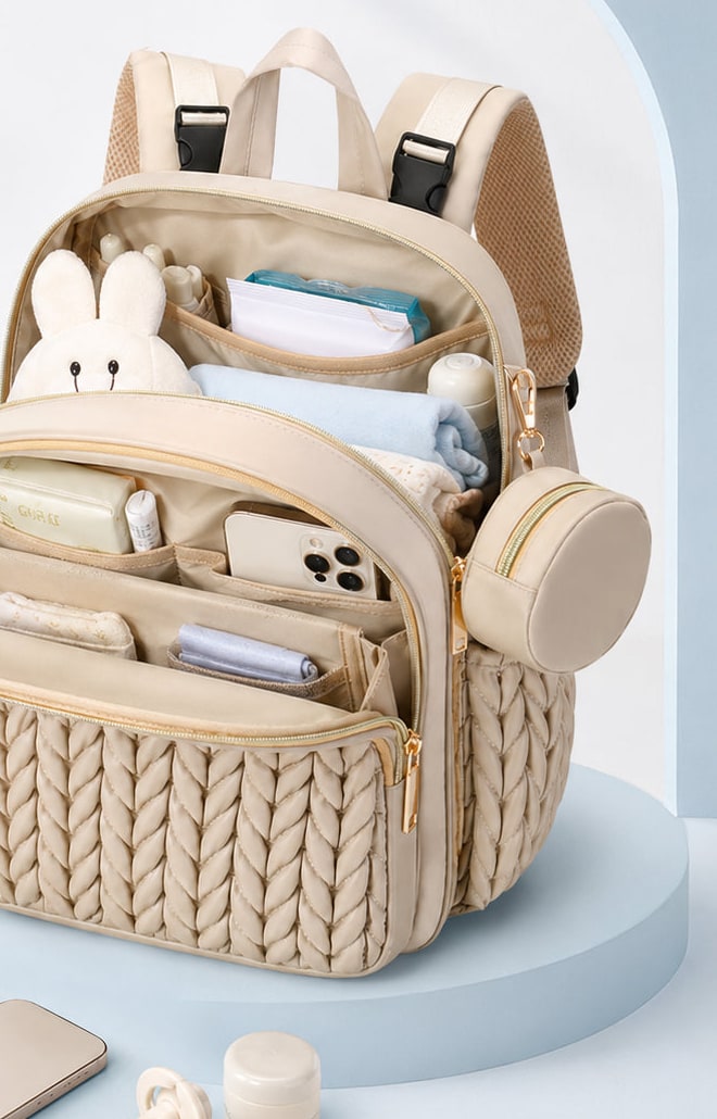 Sac à dos à langer Securidou ouvert, ses compartiments remplis des affaires de bébé