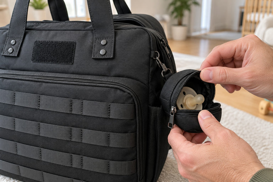Pochette tétine ronde accrochée au sac à langer papa Securidou