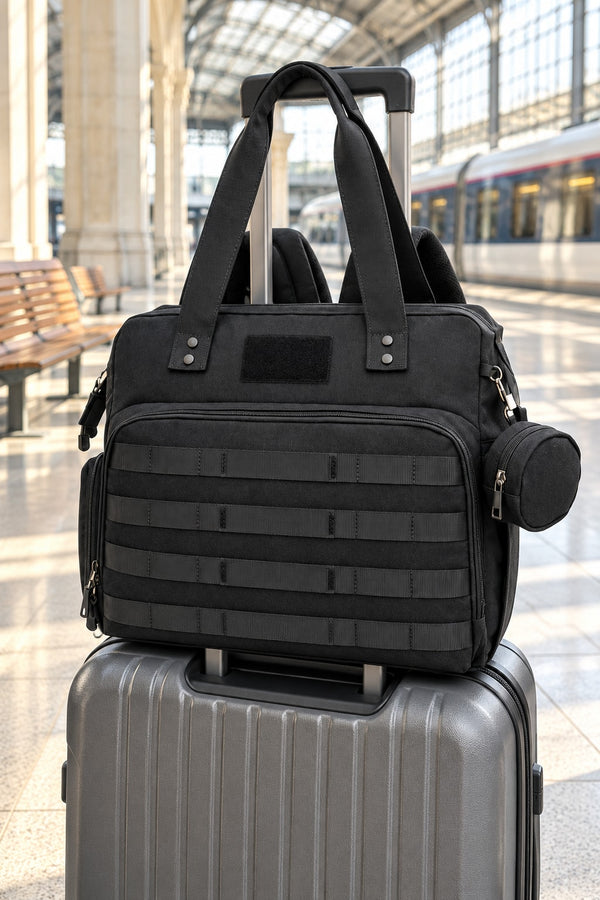 Sac à langer papa Securidou glissé sur la poignée d’une valise