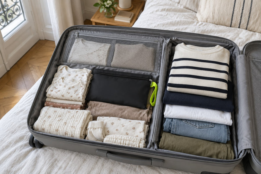 Sac de transport poussette Securidou replié dans sa pochette, rangé dans une valise