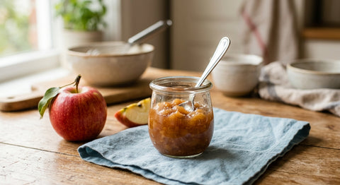 Compote de pomme maison dans un petit pot en verre avec cuillere bébé