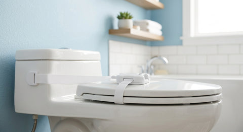 Verrou de sécurité blanc sur un abattant de WC dans une salle de bain lumineuse.