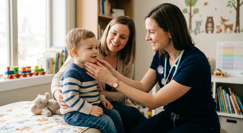 Medecin palpant les glandes parotides d un enfant en consultation
