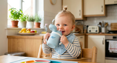 Bébé souriant en rayures, buvant joyeusement à sa tasse à bec baleine dans une cuisine lumineuse.