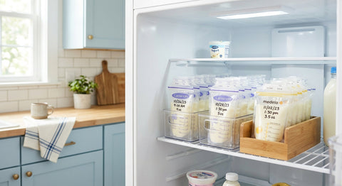Sachets de lait maternel etiquetes ranges dans un refrigerateur | Securidou