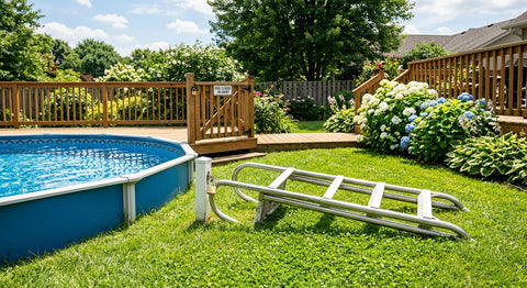 Echelle de piscine hors-sol retiree et posee au sol a cote