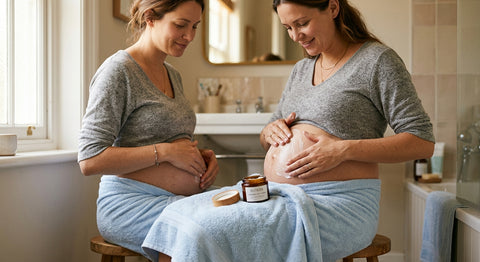 Femme enceinte appliquant une creme anti-vergetures sur son ventre