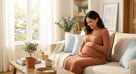 Femme enceinte consultant ses droits à la prime de naissance versée par la CAF au 7e mois de grossesse