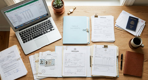 Préparation du budget bébé première année avec laptop, calculatrice et documents financiers familiaux