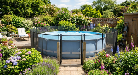 Piscine hors-sol avec echelle retiree et barrière de sécurité