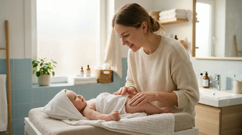 Mère appliquant une crème émolliente sur la peau sèche de son bébé après le bain | Securidou