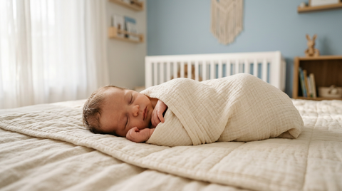 Bébé paisiblement emmailloté dans un lange blanc en coton sur un lit douillet | Securidou
