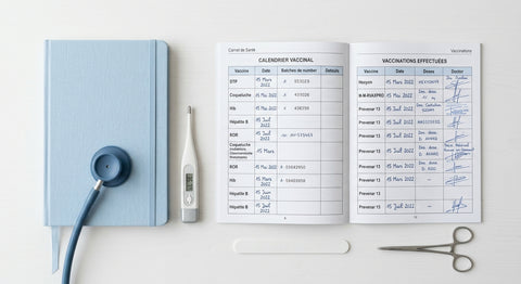Carnet de sante ouvert sur la page vaccination avec un stethoscope