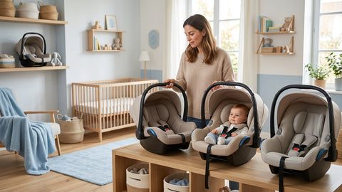 Maman comparant trois sièges auto bébé Groupe 0 dans une chambre d'enfant lumineuse.