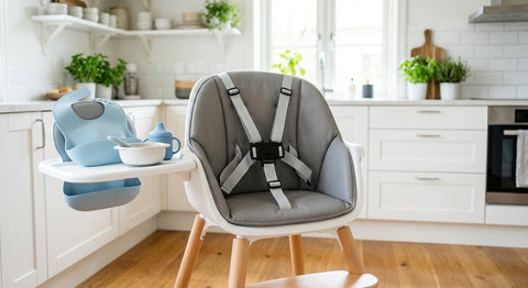 Chaise haute bébé avec harnais 5 points et entrejambe de sécurité