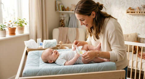 Parent changeant la couche de bébé en observant le contenu